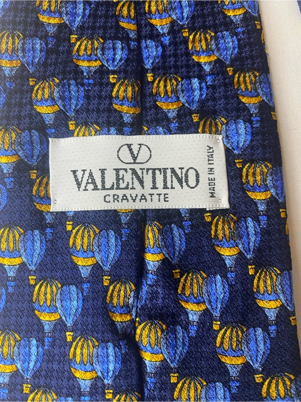 Vintage VALENTINO CRAVATTE Silk Tie Navy Blue Yellow Hot Air Balloon Italy